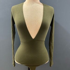 Reformation Olive Green Ribbed V-Neck Bodysuit